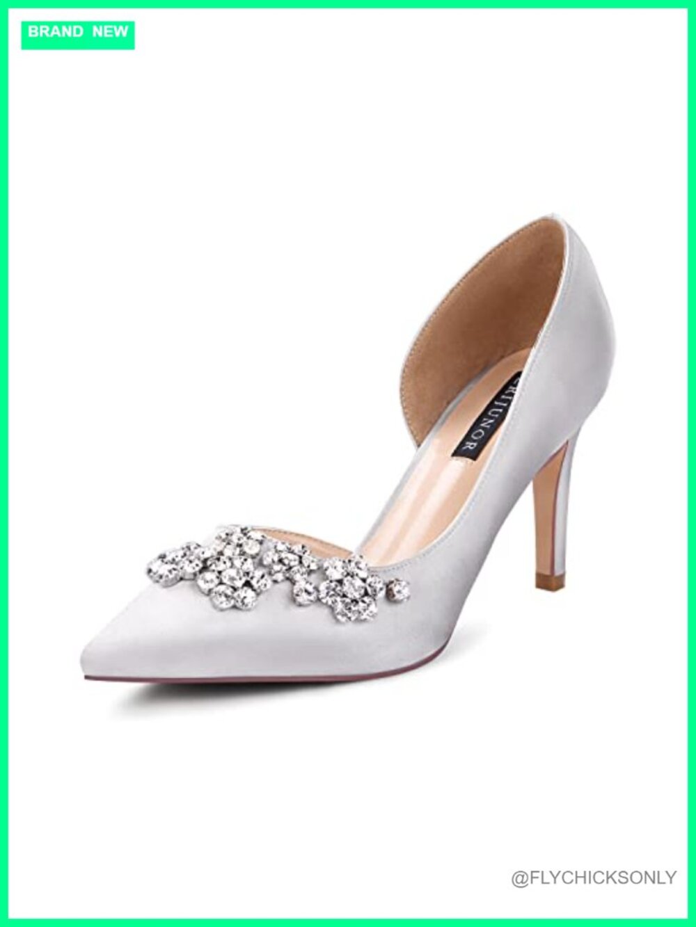 ERIJUNOR Women's Pointy Toe Mid Heels Rhinestone D'Orsay Satin Pumps